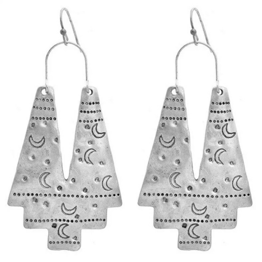Boho Silver Moon Stamped Dangle Earrings - Picture 2 of 5